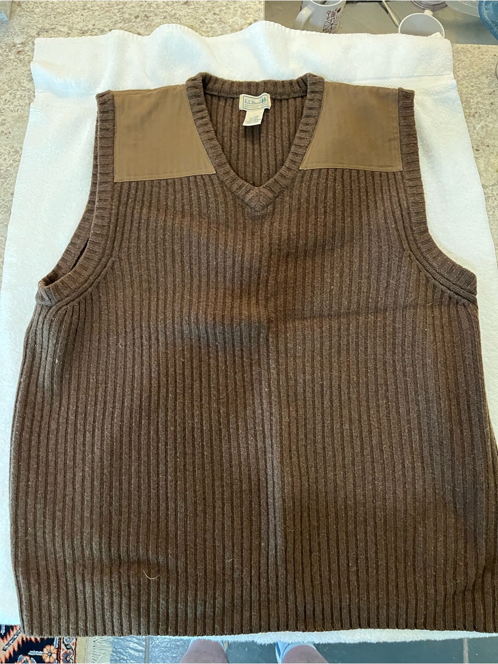 L.L. Bean Brown Ribbed Merino V-Neck Sweater Vest with Elbow Patches